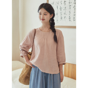 25支色织亚麻粉色圆领宽松小衫 早秋新款 衬衣 蜜桃柔光 忘城N821座