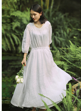 忘城S201座/春夏加捻苎麻连衣裙白色飘逸