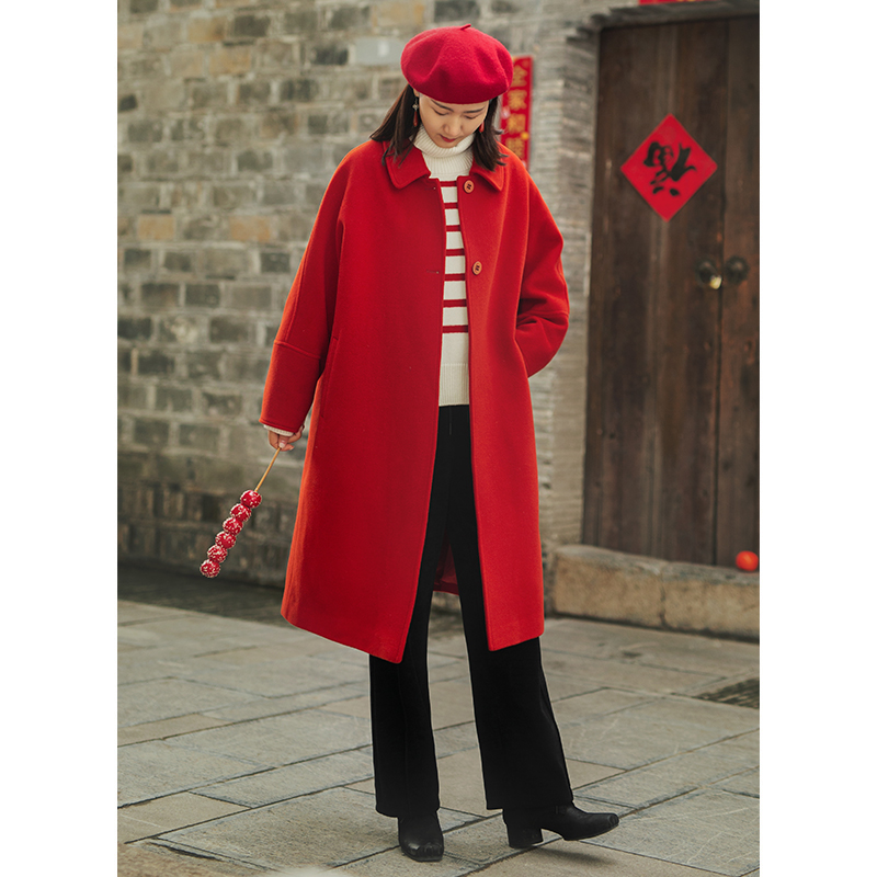 忘城长款文艺复古毛呢外套