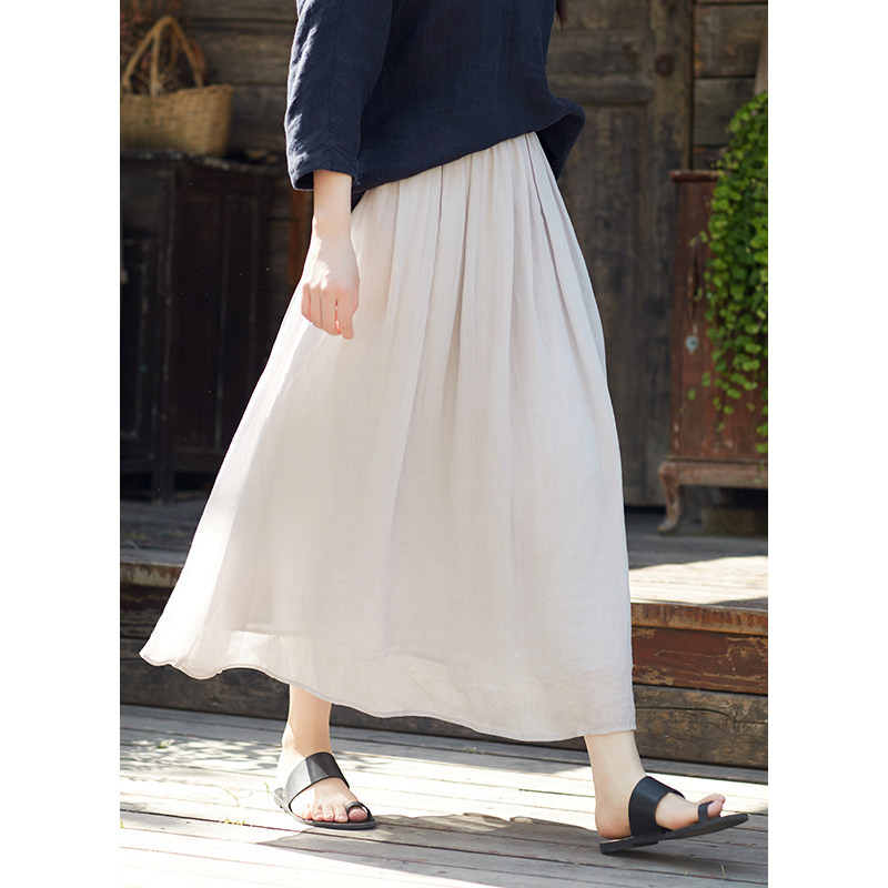 忘城A923座/江烟冷/夏季42支苎麻天丝轻薄皱感双层a字绣花半身裙