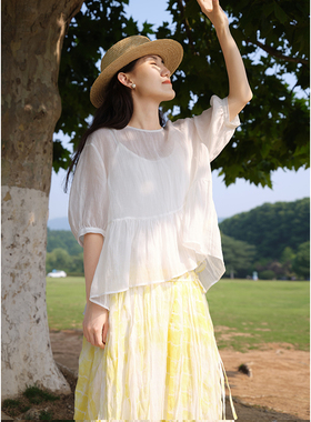 忘城Y204座/栀子花开/2023夏新品白色简约轻薄42支天丝苎麻小衫