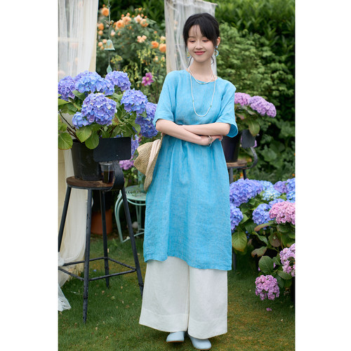 夏21支汉麻亚麻混纺a字连衣裙女