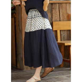 夏季 六月 21支亚麻蓝白波点拼接蓝染印花半身裙 跳跃 忘城N769座