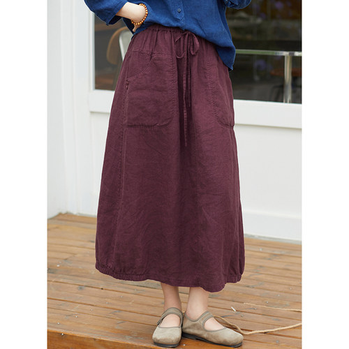 忘城N833座/浆果/早秋新款14支干洗亚麻中长款a字半身裙脚口收口