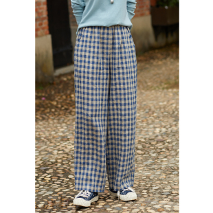 裤 忘城H1320座 子女 14支亚麻复古蓝格子哈伦裤 新款 午夜蓝调 秋季