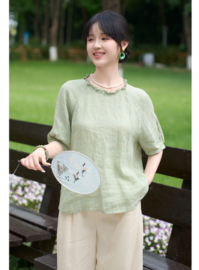 忘城A1301座/夏之森/夏14支色织亚麻文艺短袖小衫圆领木耳边上衣