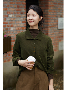 忘城T630座/追光/秋冬新款棉羊毛混纺复古灯芯绒燕子领衬衫衬衣女