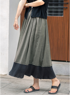 忘城9895座/追光使者/2022夏新款加捻皱感苎麻灰色拼接显瘦半身裙