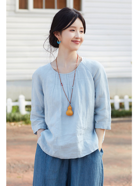 忘城N1026座/盛大的邀约/春款21支砂洗亚麻圆领小衫女插肩七分袖