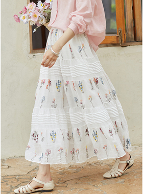 忘城T312座/繁花入夏/24夏季新款100支苎麻白色七色绣花a字半身裙