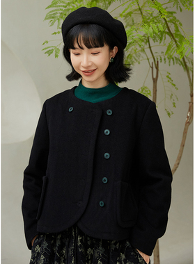 忘城H965座/黑色生命力/秋冬新款高品质全羊毛圆领毛呢短外套女