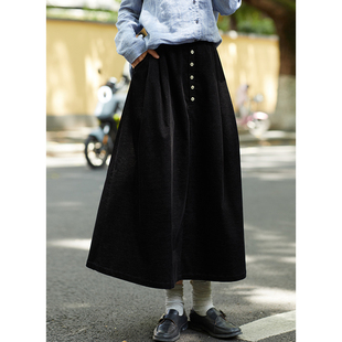 新款 秋季 棉混纺平绒灯芯绒文艺黑色a字半身裙 天鹅湖 忘城A1019座