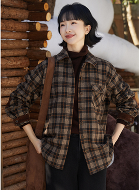 忘城N623座/慢半拍/冬季百搭羊毛混纺保暖咖色格纹男友风衬衫外套
