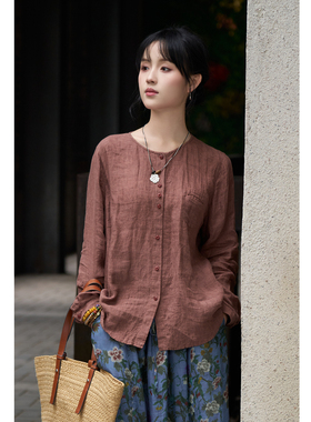 忘城A1290座/草木香/春夏25支色织砂洗亚麻文艺衬衫圆领长袖小衫