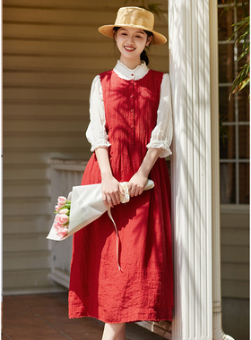 忘城H1159座/花事忙/春季新款14支色织亚麻法式连衣裙气质背心裙