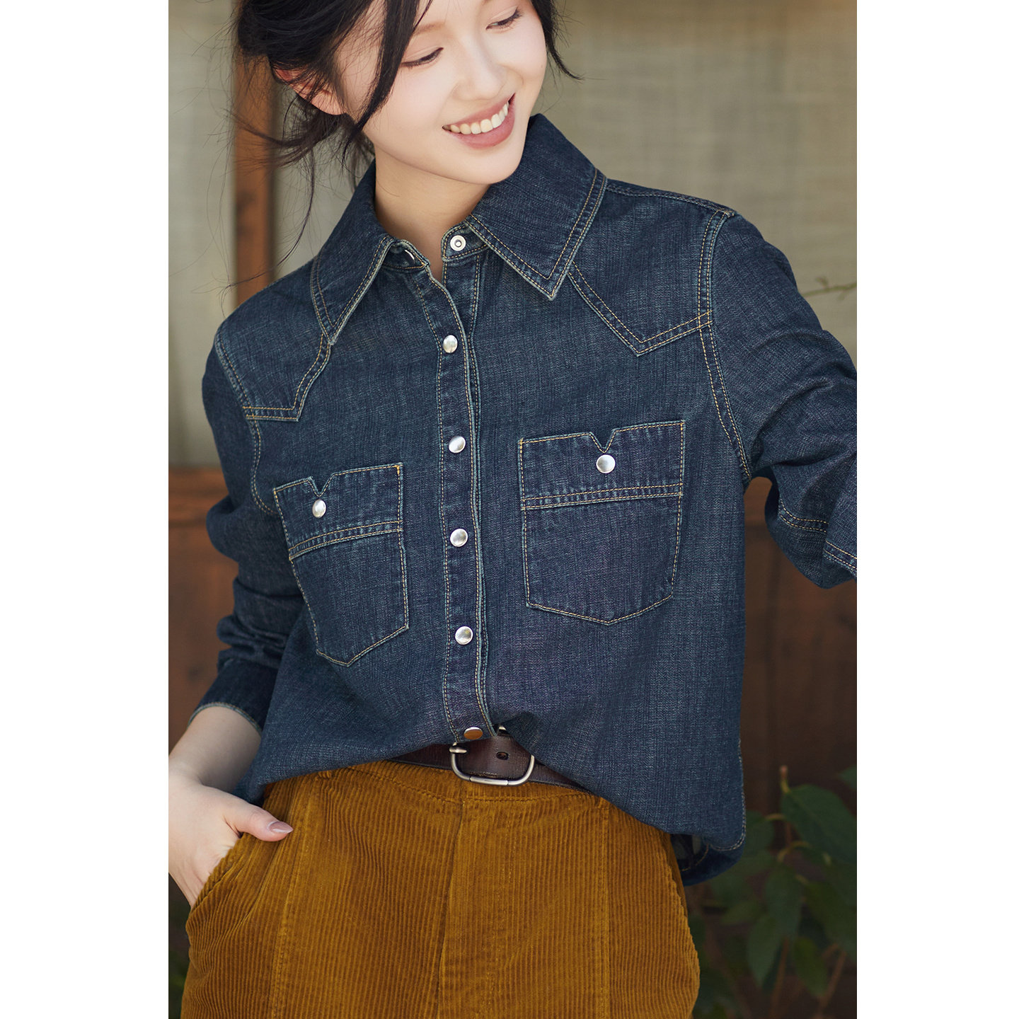 忘城n873座/大地牧歌/秋季新款100%竹节棉复古做旧牛仔衬衫衬衬衣