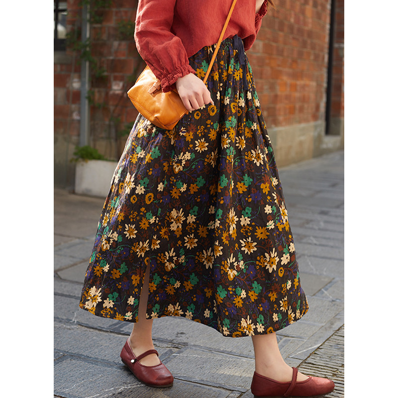 忘城A870座/花团锦簇/春季14支亚麻手绘小雏菊印花宽松A字半身裙