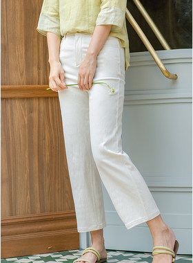 忘城C490座/小欢喜/2022新款人丝棉混纺白色弹力修身直筒裤九分裤