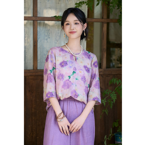 文艺七分袖17*21支亚麻印花上衣