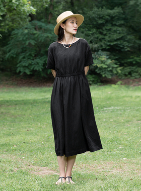 忘城H493座/爱丁堡之夜/2023夏季新款铜氨丝混纺黑色一字领连衣裙
