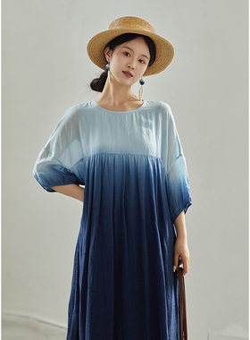 忘城A955座/蓝调时刻/夏新款苎麻天丝蓝色渐变吊染文艺连衣裙长裙
