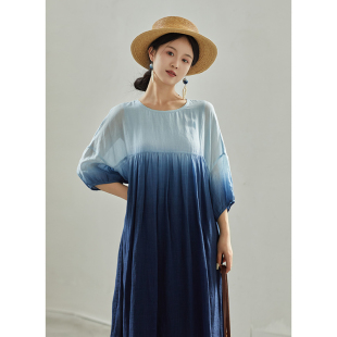 苎麻天丝蓝色渐变吊染文艺连衣裙长裙 夏新款 忘城A955座 蓝调时刻