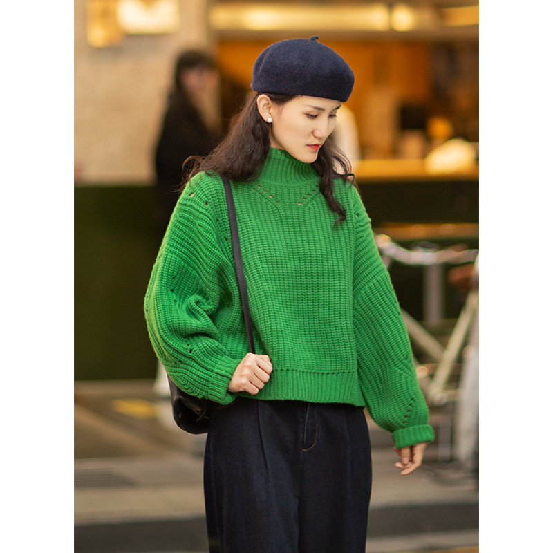 忘城高领全羊毛粗针挑洞毛衣廓形