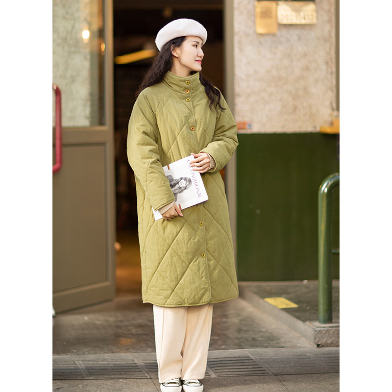忘城s769座/绿沉棉服/2022冬流行色中长款加厚仿丝棉立领保暖棉服