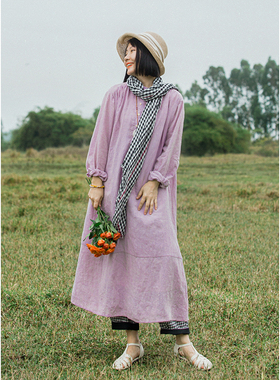 忘城H313座/银河浪漫/2023春秋雨露麻色织粉紫色立领文艺连衣裙