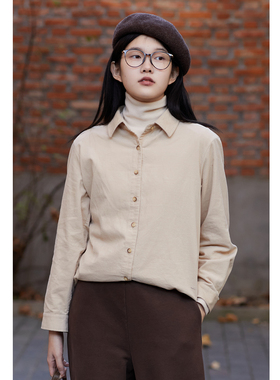 忘城N946座/杏色时光/冬款纯棉28坑复古灯芯绒翻领衬衫内搭衬衣女