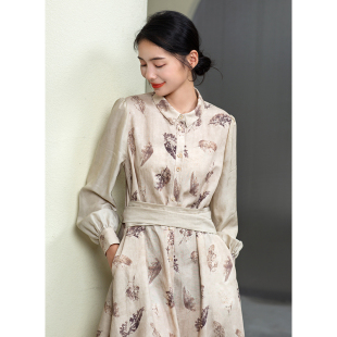 亚麻天丝炒色印花衬衫 2022秋新款 系带连衣裙 银杏叶落 忘城N027座