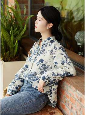 忘城T564座/蓝韵繁花/早秋42支苎麻蓝色印花衬衫上衣女减龄洋气