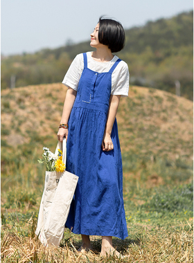 忘城C422座/初夏的风/2022夏新品17*21支蓝色亚麻文艺减龄背心裙