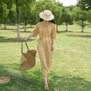 新款 2023夏季 21支苎麻黄色文艺系带连衣裙 落日玫瑰 忘城Y201座