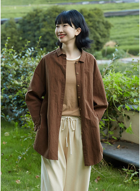 忘城N531座/风吹过山/早秋新款高密亚麻棉宽松气质中长款百搭外套