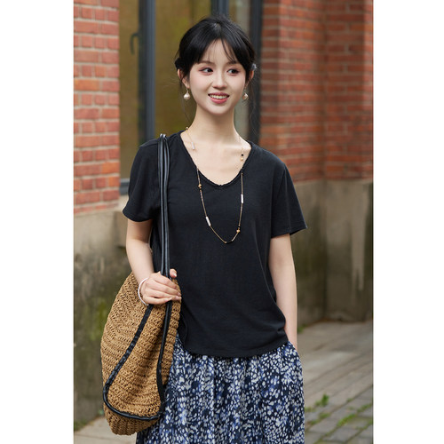 春夏汉麻棉混纺黑色V领短袖T恤女