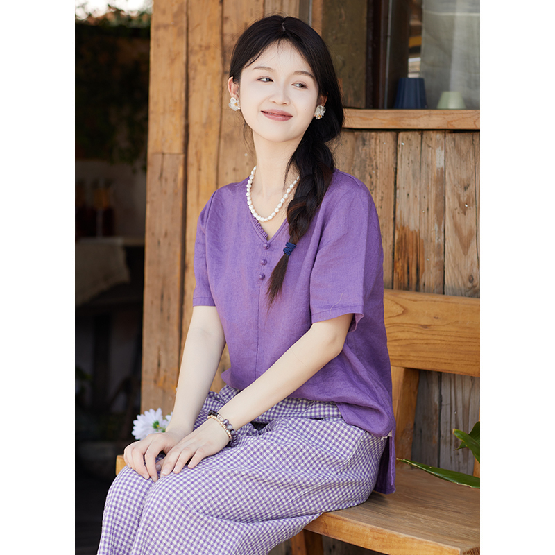 忘城Y728座/寻美/夏季新款21支色织亚麻v领正肩显瘦小衫T恤上衣女