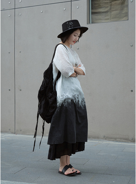 忘城Y232座/知墨/2023夏新品水墨感渐变21支亚麻天丝设计感连衣裙