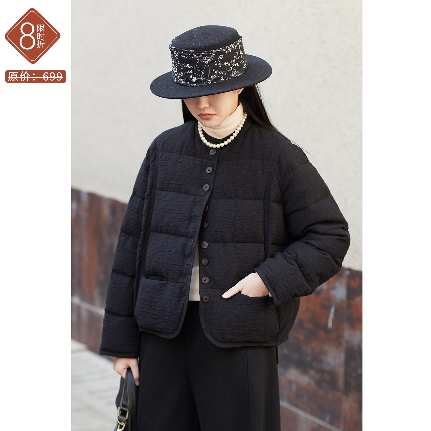 忘城A1146座/柔软的角落/冬款亚麻混纺90白鸭绒黑色羽绒服外套女