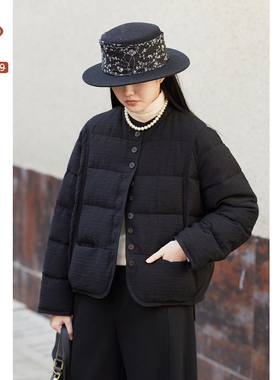 忘城A1146座/柔软的角落/冬款亚麻混纺90白鸭绒黑色羽绒服外套女