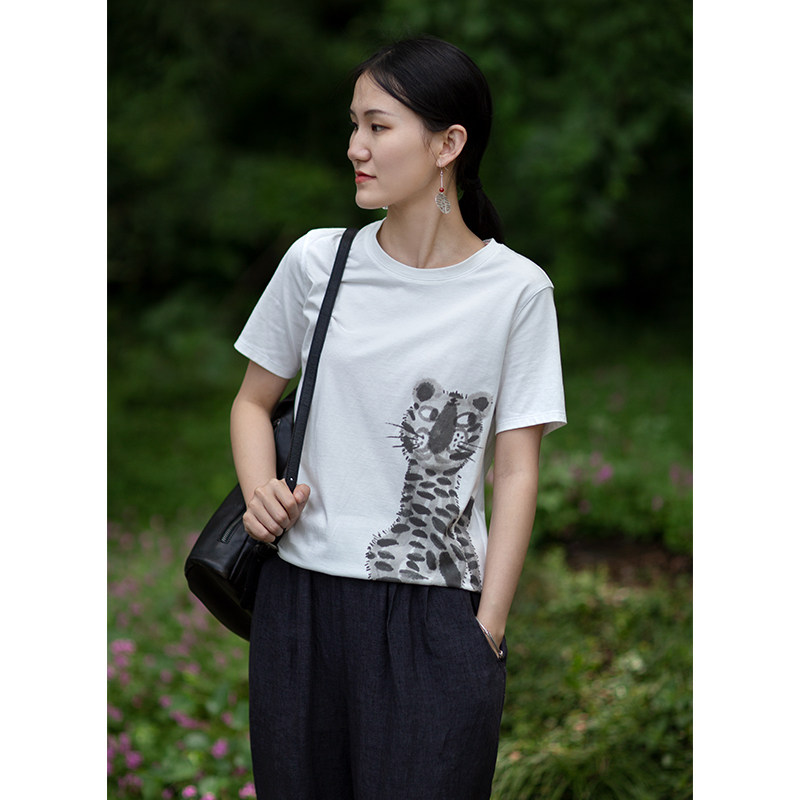 短袖文艺常规印花棉女显瘦百搭图片