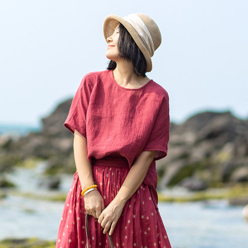忘城短袖文艺稀疏亚麻女T恤