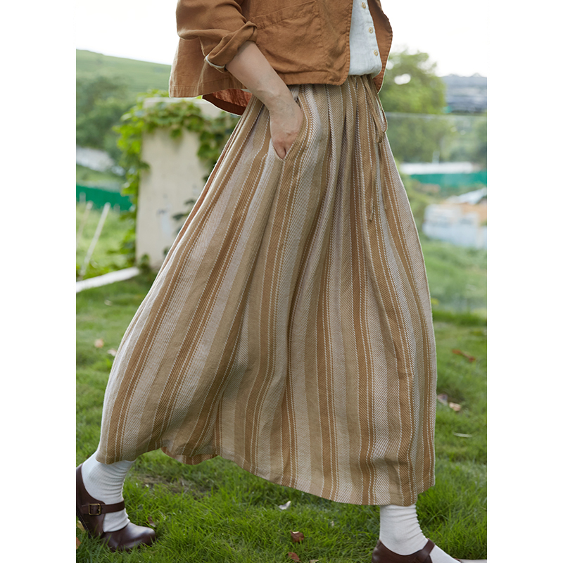 忘城文艺复古亚麻棉条纹半身裙
