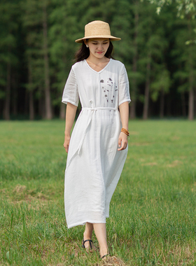 忘城H415座/山遥水阔/2023夏100支苎麻混纺白色V领水墨印花连衣裙