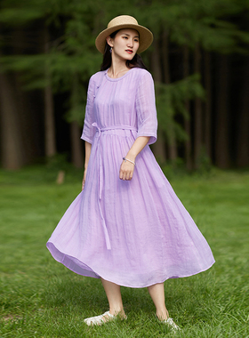 忘城H462座/收集美好/2023夏季新款100支苎麻天丝紫色圆领连衣裙