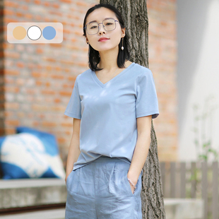 百搭多色V领短袖 忘城9215座 原创修身 2020夏季 t恤女上衣 夜行夏
