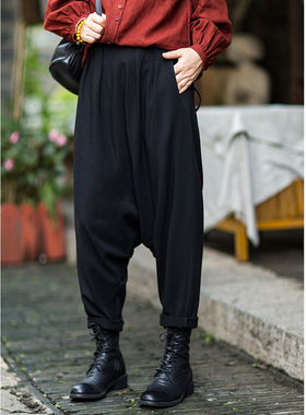忘城C340座/原创黑色不规则拼接吊裆裤长裤