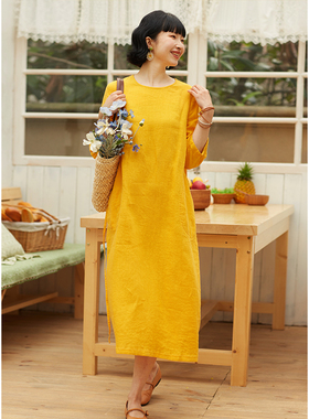 忘城A508座/明媚的春天/24春季新款14支砂洗亚麻黄色系带连衣裙女