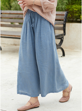忘城N820座/找到海/早秋新款21支色织亚麻蓝色宽松遮肉阔腿裤裤子
