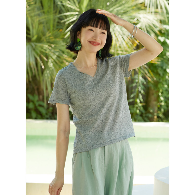 忘城H837座/观夏/24夏百搭显瘦凉感纱亚麻混纺灰色圆领正肩V领T恤